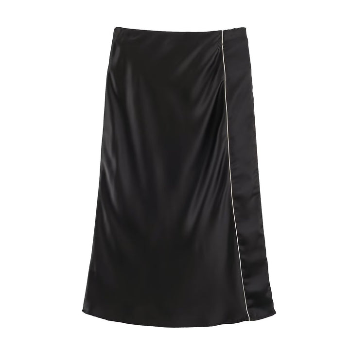 Ladies Satin Midi Skirt with Side Overlap and Contrast Piping Drune