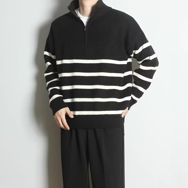 Men's chunky knit sweater with zipper and stripes Mune Fashion