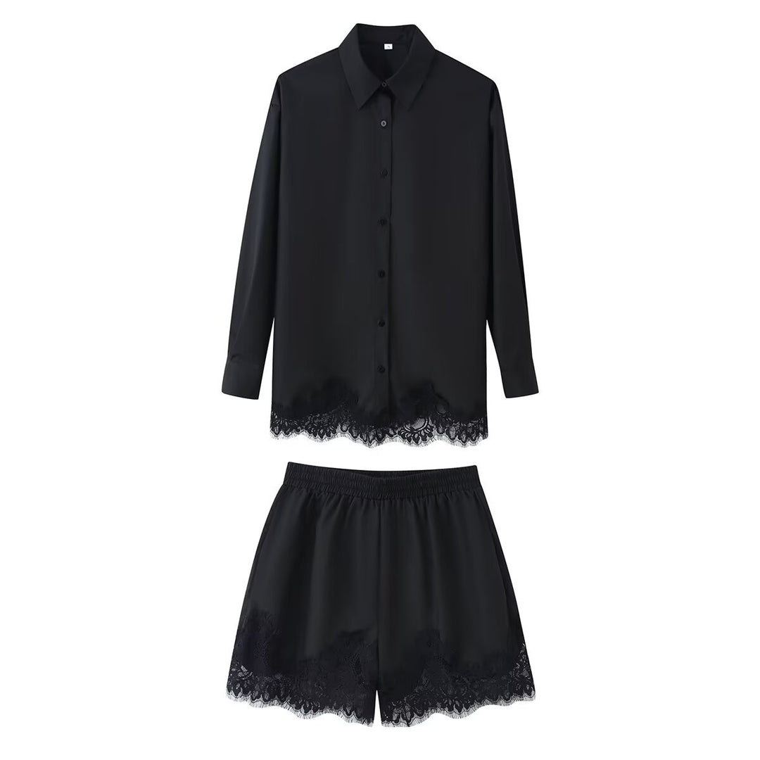 Women's two-piece satin pajama set with shirt blouse, elastic waistband shorts, and lace trim Mune Fashion