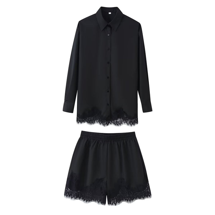 Women's two-piece satin pajama set with shirt blouse, elastic waistband shorts, and lace trim Mune Fashion