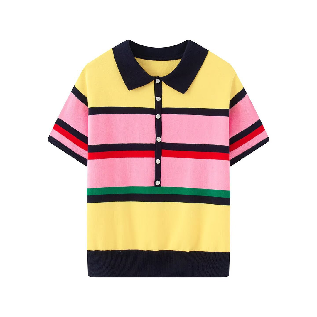 Women's Short-Sleeved Striped Fine Knit Polo Shirt with Continuous Button Placket Mune Fashion