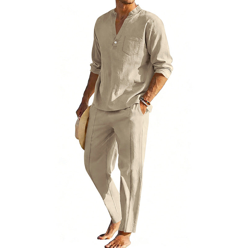 Men's comfortable linen two-piece with stand-up collar shirt and tapered ankle-length pants Mune Fashion