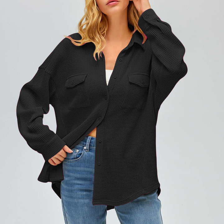 Women's oversized waffle knit shirt jacket with chest pockets and button placket Mune Fashion