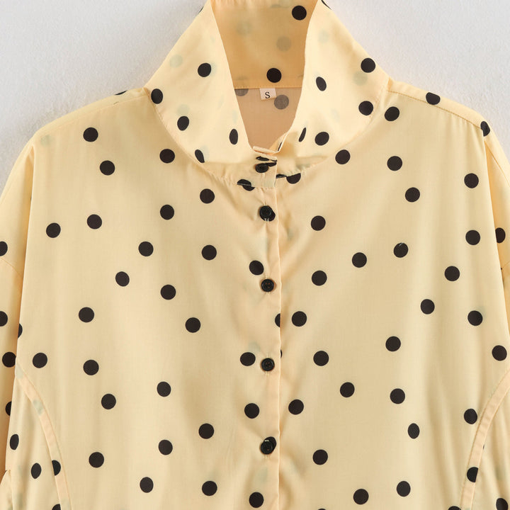 Women Spotted Cropped Blouson Jacket with Ruffle and Stand-up Collar Drune