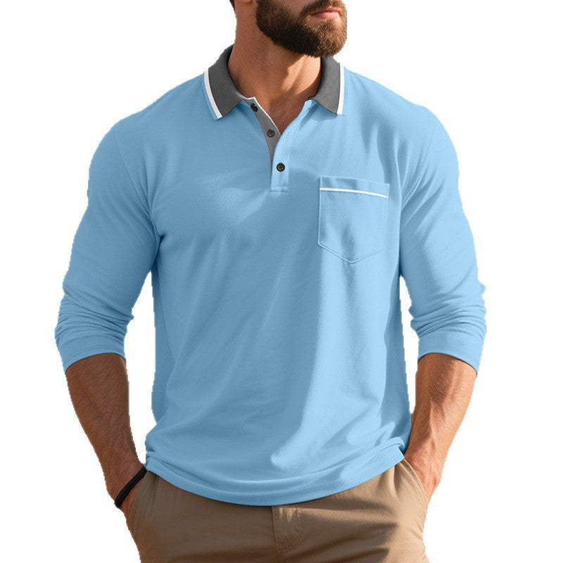 Men's long-sleeved polo shirt with contrast collar, chest pocket, and fine cotton stretch Mune Fashion