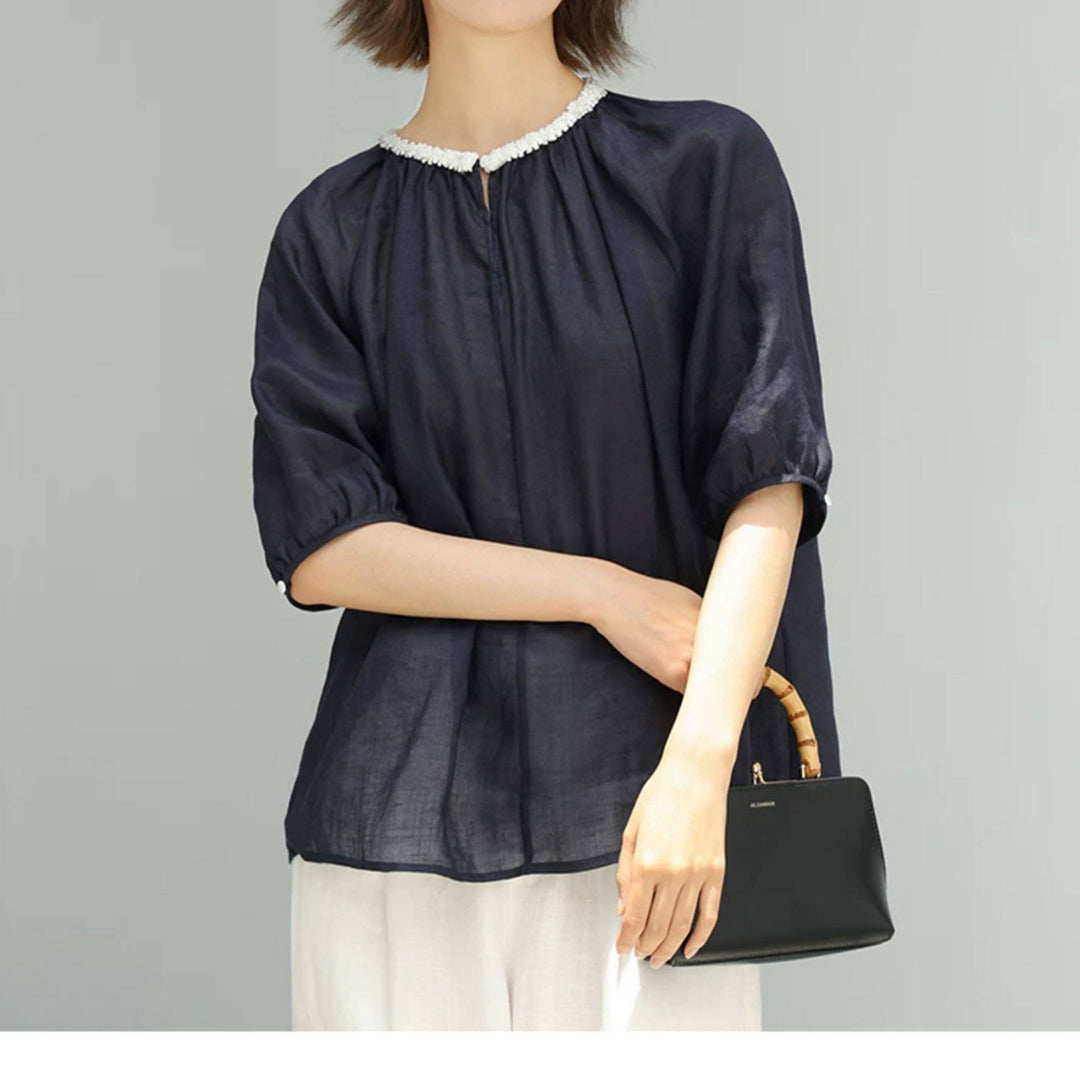 Women's Casual Linen Blouse with Decorative Collar Mune Fashion