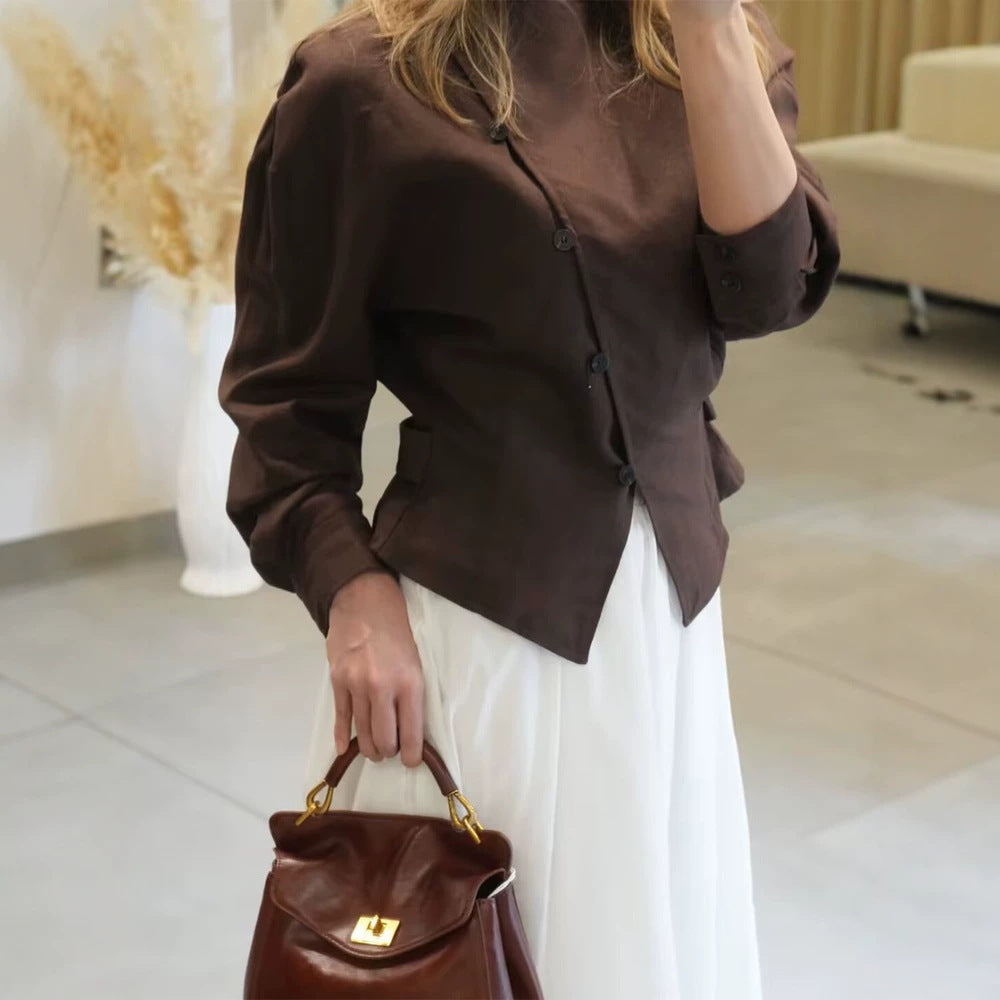 Women’s asymmetric tailored blouse with diagonal button placket Mune Fashion