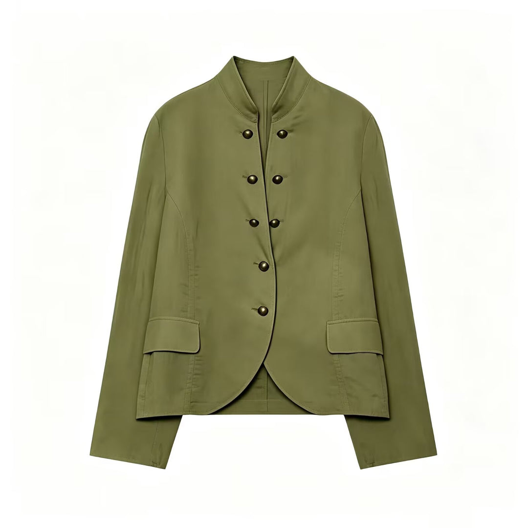 Women Tailored Stand Collar Blazer with Decorative Metal Buttons Mune Fashion