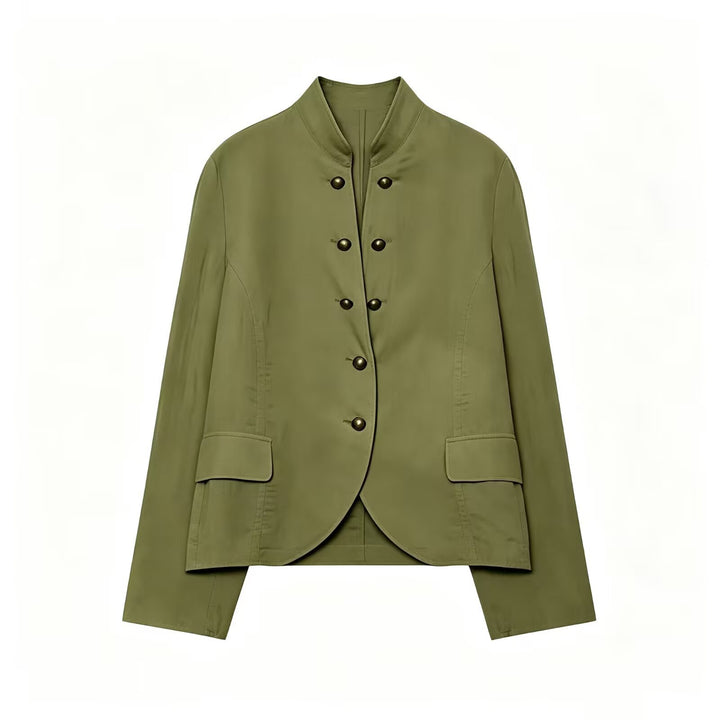 Women Tailored Stand Collar Blazer with Decorative Metal Buttons Mune Fashion