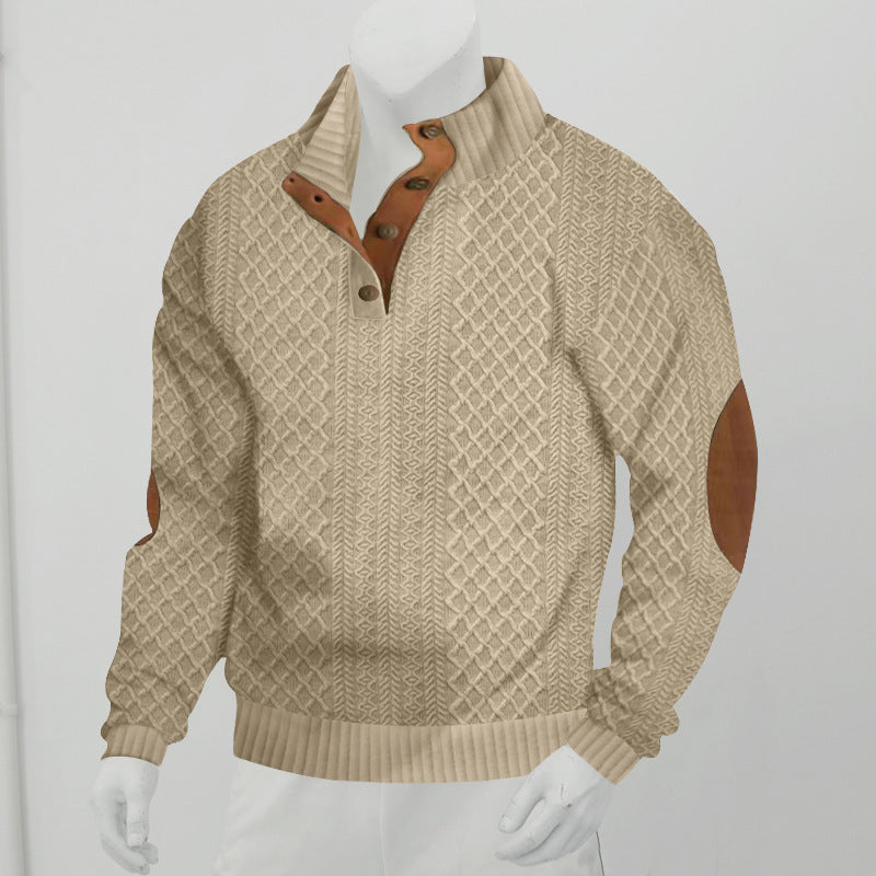 Men's Structured Cable Knit Henley Sweater with Leather Patch on Elbows & Placket Mune Fashion