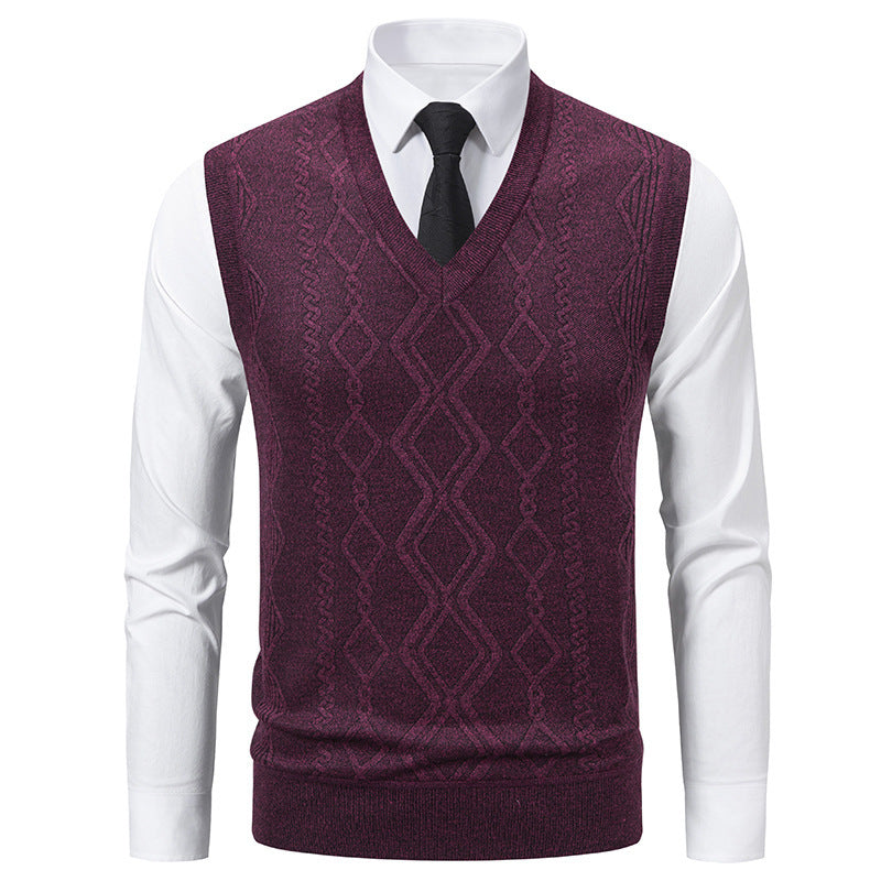 Men's Knit Sweater with V-Neck and Textured Cable Pattern Mune