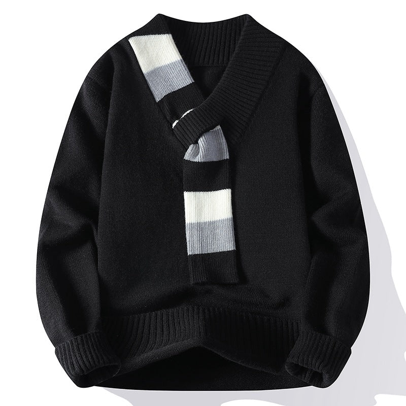 Men's V-neck knitted sweater with integrated contrast stripe scarf and ribbed cuffs Mune Fashion