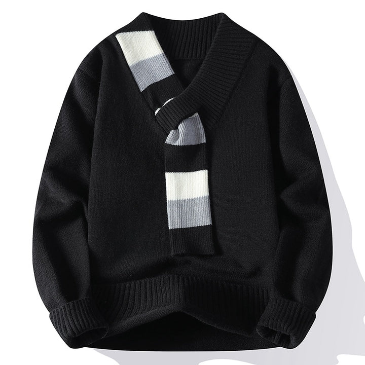 Men's V-neck knitted sweater with integrated contrast stripe scarf and ribbed cuffs Mune Fashion