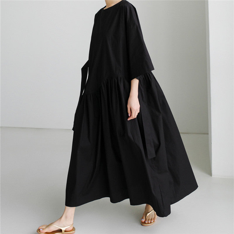 Women's Long Cotton Maxi Dress with Wrap Belt and Side Pockets Mune Fashion