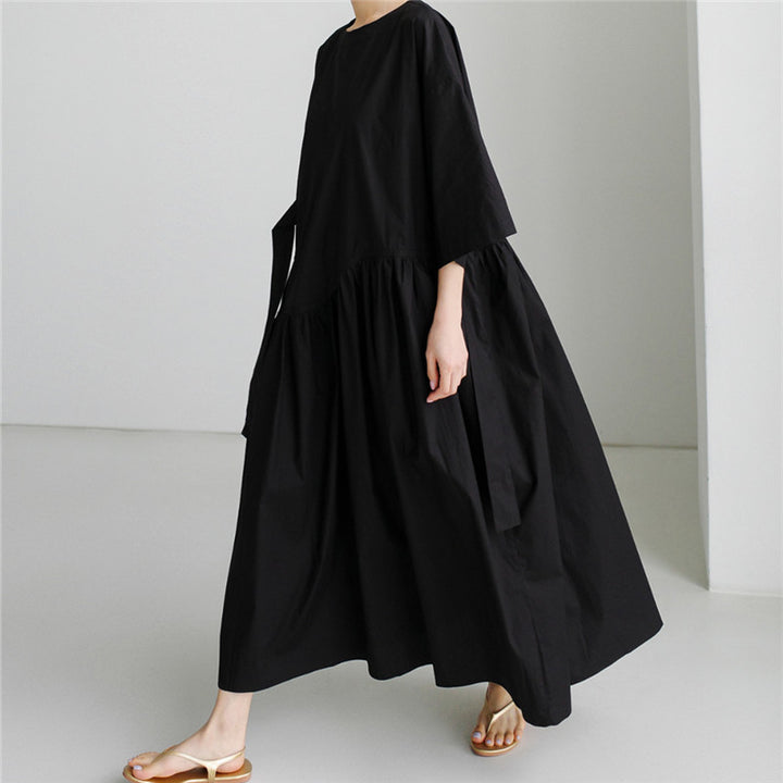 Women's Long Cotton Maxi Dress with Wrap Belt and Side Pockets Mune Fashion