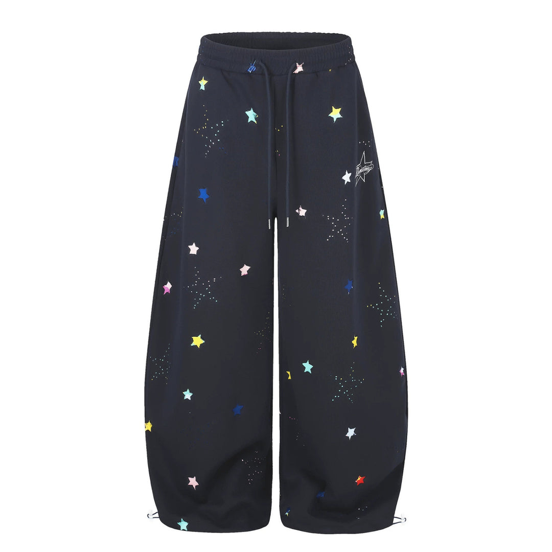 Women's extra wide palazzo capri sweatpants with star print, comfort waistband, and adjustable hem.