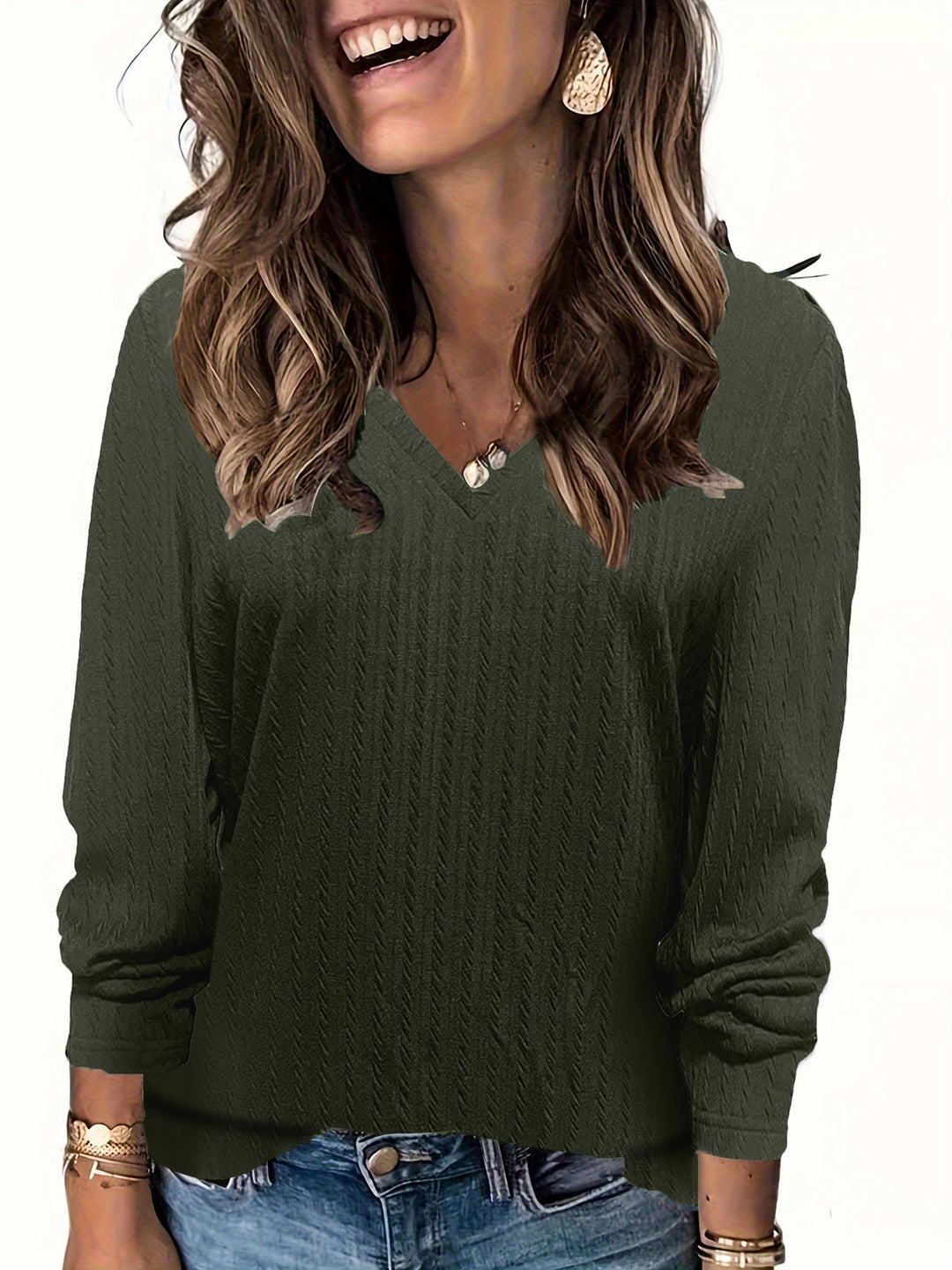 Women's fine knit long sleeve shirt with V-neck and cable pattern Mune Fashion