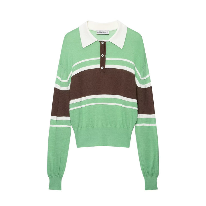 Women's Cropped Polo Shirt - Knitted Sweater with Rugby Stripes, Shirt Collar and Ribbed Hem Mune Fashion
