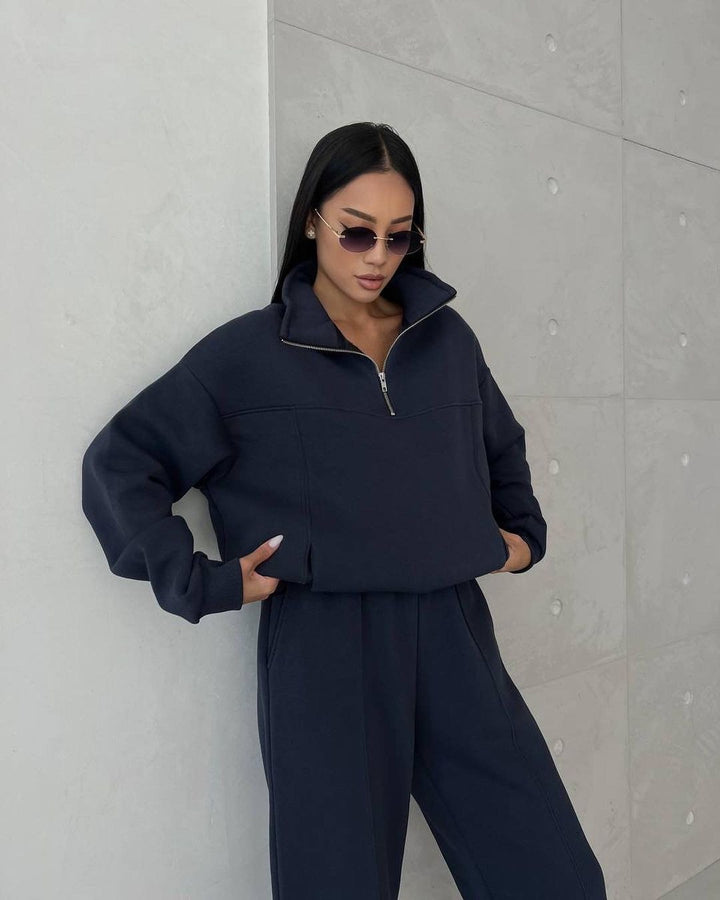 Women Soft Oversized Lounge Set with Zip Collar, Front Pockets and Flattering High-Waist Pants Mune Fashion