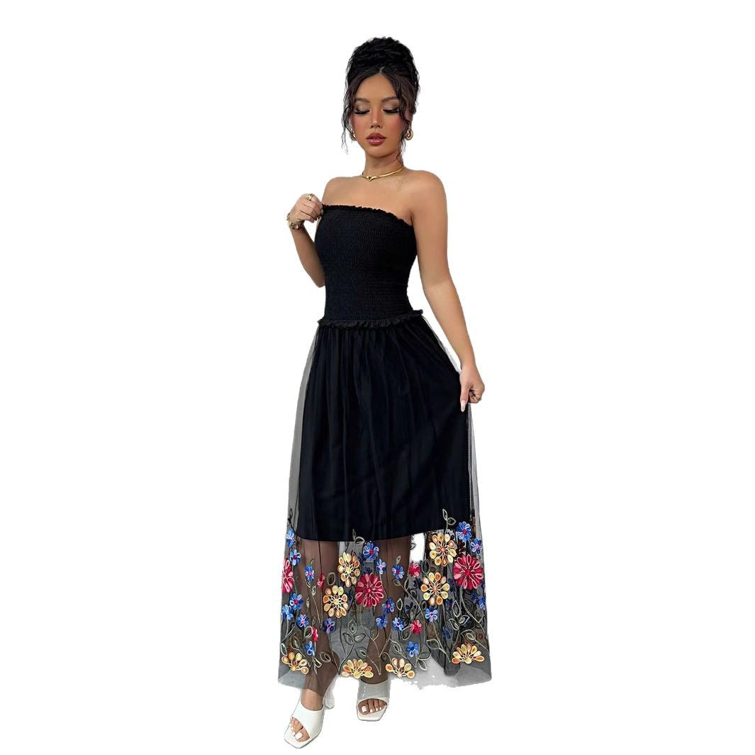 Women's off-shoulder midi dress with smocked top and embroidered tulle skirt Mune Fashion