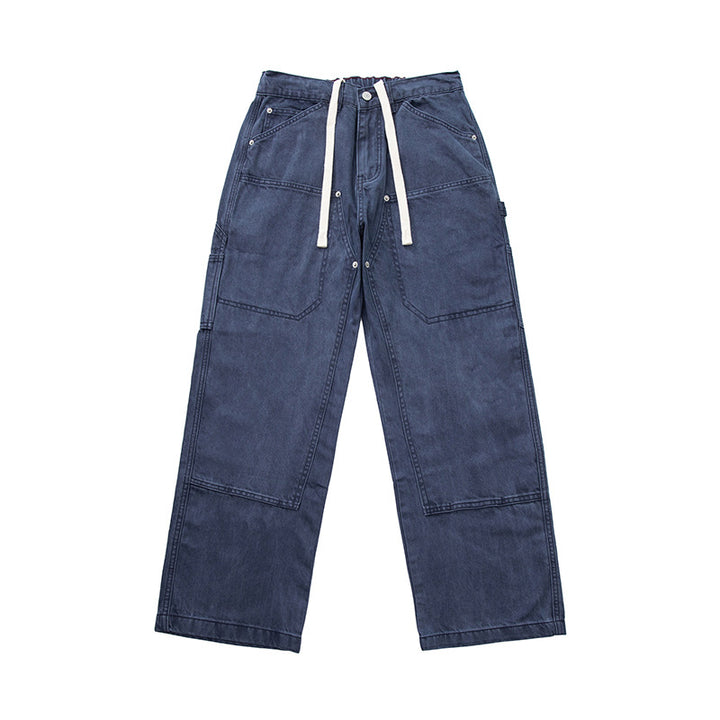 Men's Wide Utility Denim Pants with Drawstring Waistband and Patch Pockets Mune Fashion