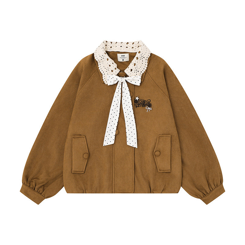 Women's Short Bomber Jacket with Crochet Collar and Ribbon Mune Fashion