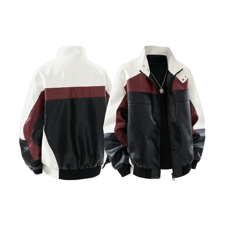 Men's faux leather colorblock bomber jacket with stand-up collar, two-way zipper, and elastic cuffs Mune Fashion