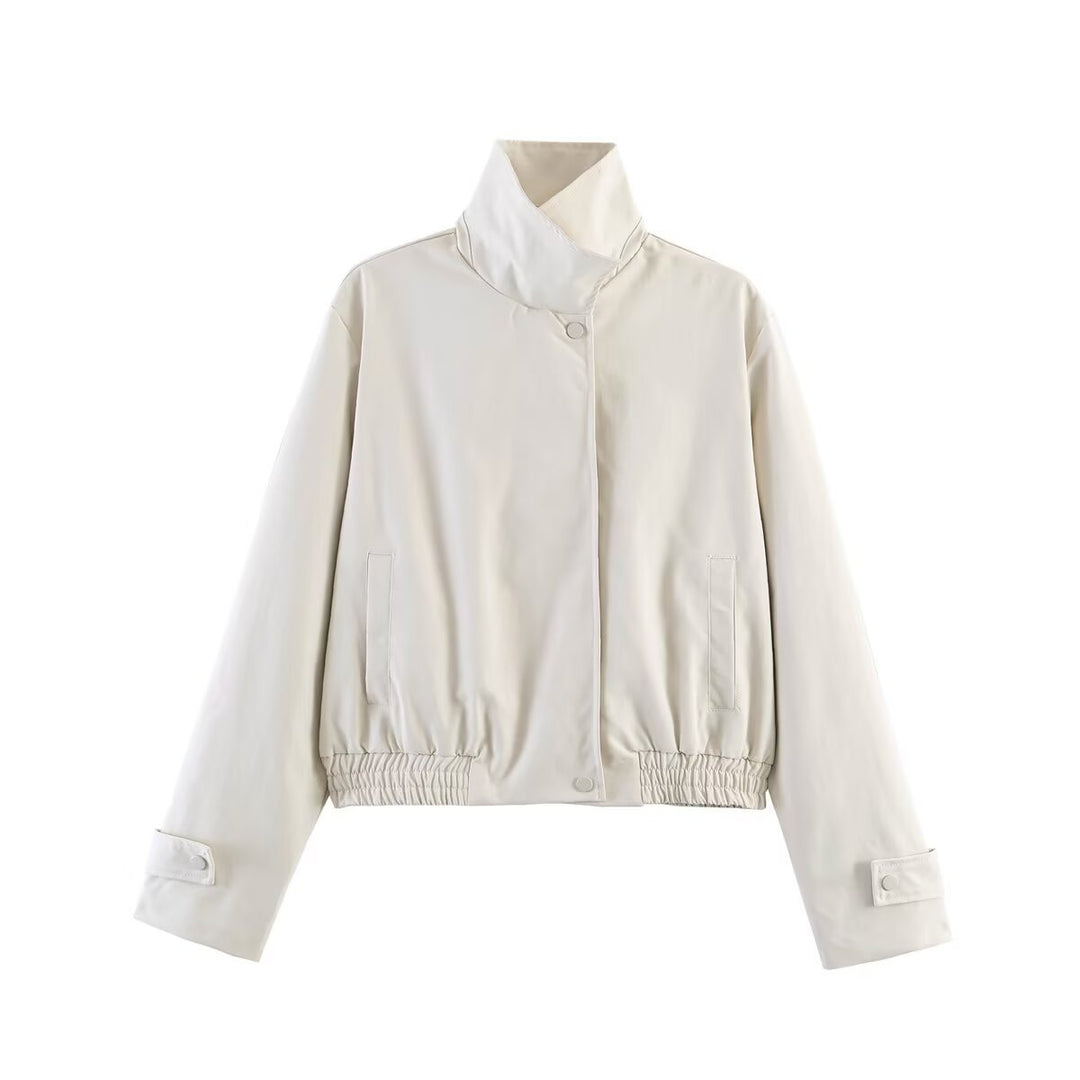 Women's short cut boxy blouse jacket with high stand-up collar, snap button placket, and elastic hem Mune Fashion