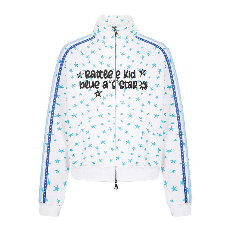 Women's sweat jacket in retro track style with stand-up collar, star print, and contrast stripes.