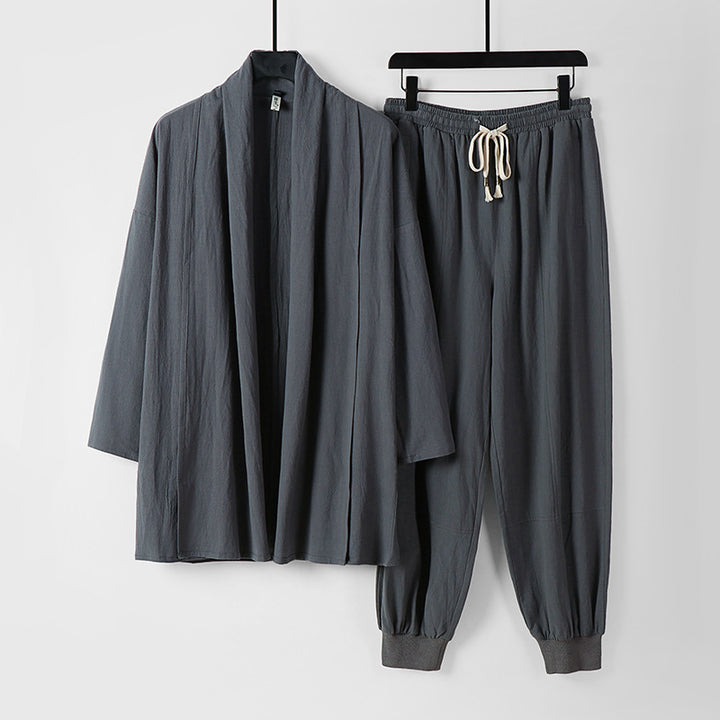 Unisex Airy Leisure Set in Kimono Style with Shawl Collar Jacket and Tapered Jogger Pants Mune Fashion