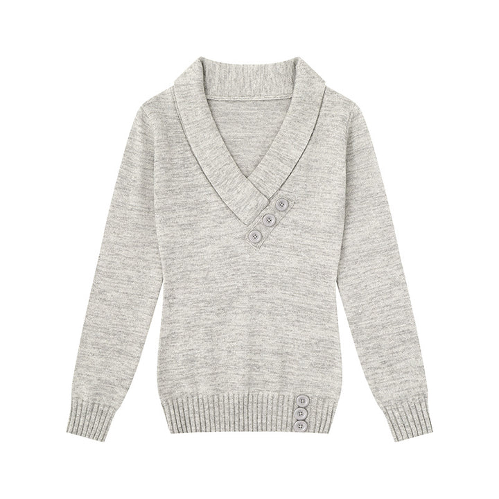Women’s fine knit pullover with shawl collar, V-neck and decorative buttons Mune Fashion