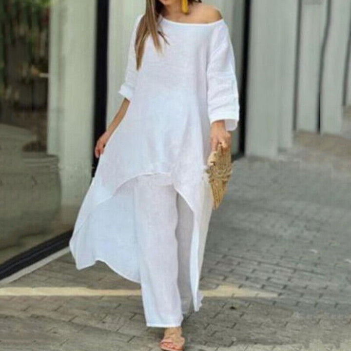 Women's oversized linen two-piece set with asymmetrical tunic and loose Marlene pants Mune Fashion