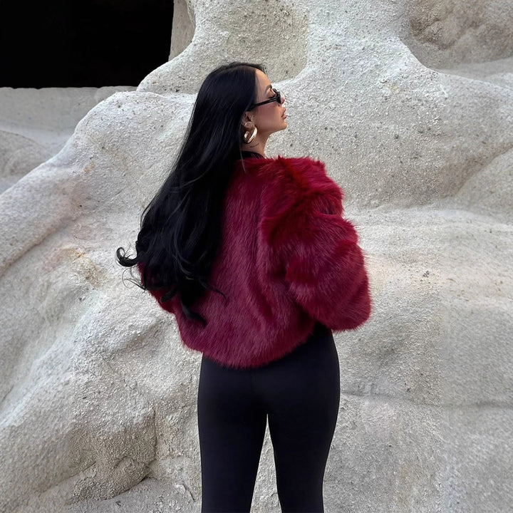 Women's short-cut boxy faux fur bomber with voluminous shawl collar Mune Fashion