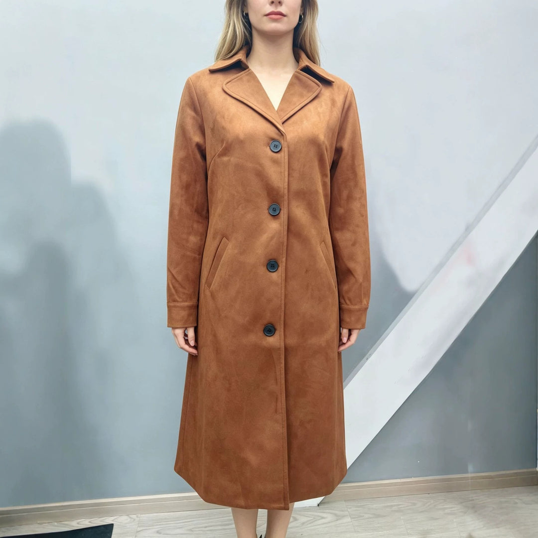 Ladies nan longer velour imitation coat with classic lapels, distinctive button placket and angled pockets Mune Fashion