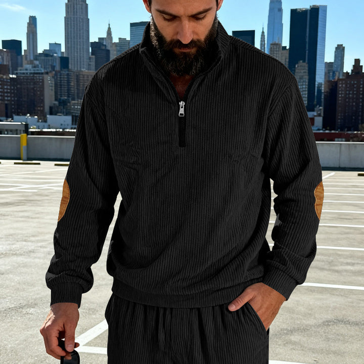 Men's cord structure half-zip pullover in relaxed fit with stand-up collar and elbow patch Mune Fashion