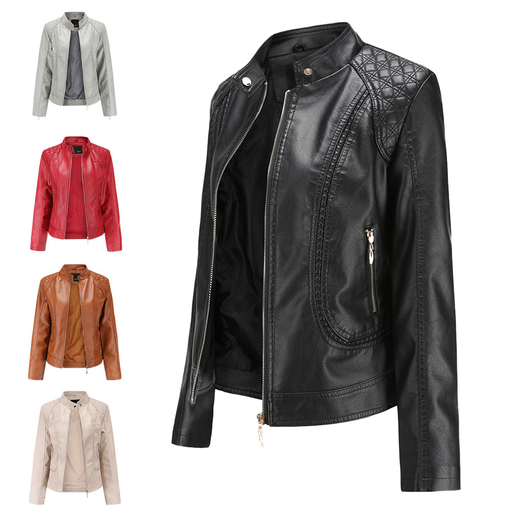 Women tailored faux leather biker jacket with stand-up collar and quilted shoulder section Mune Fashion