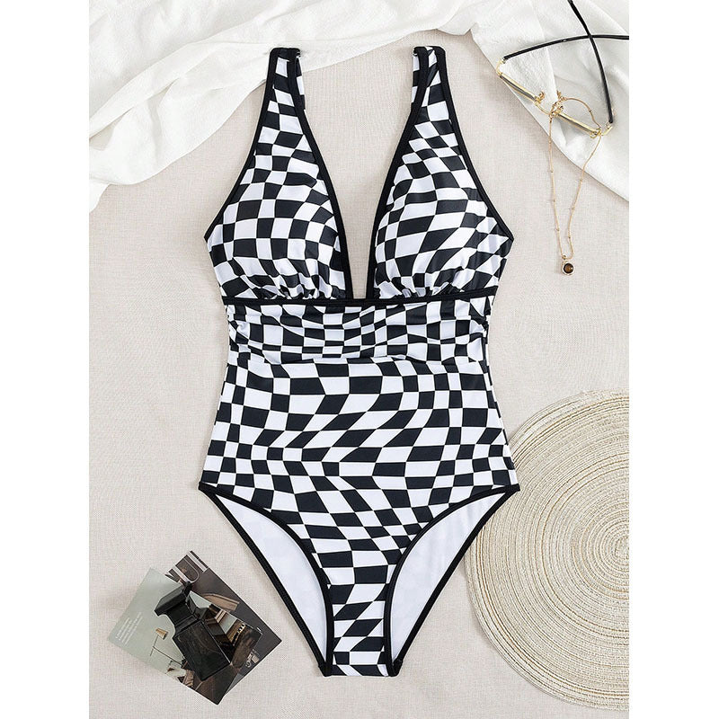 Ladies one-piece swimsuit in fashionable checkerboard design Mune Fashion
