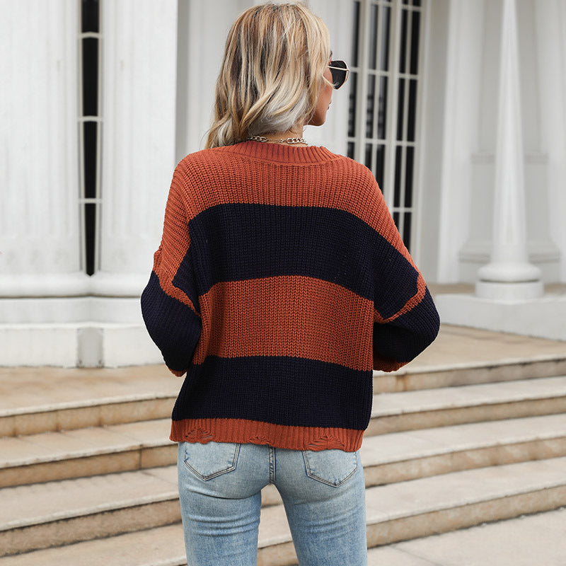 Women's Oversize Chunky Knit Sweater with Off-Shoulder Fall, Wide Block Stripes and Ribbed Hem Mune Fashion