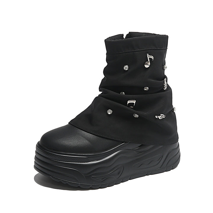 Ladies' ankle boots with gathered shaft and musical note decorative appliqués Mune Fashion