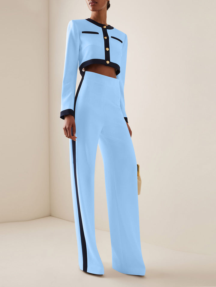 Women's Short Cropped Tailoring Set with Contrast Piping and High-Waist Palazzo Pants Mune Fashion