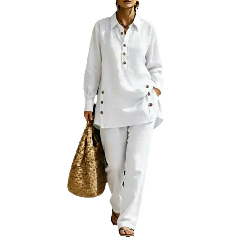 Women's Lightweight Oversized Shirt Tunic with Decorative Buttons and Straight Leg Trousers Mune Fashion