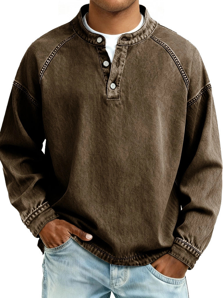 Men's faded Henley shirt with stand-up collar, loose fit and button placket Mune Fashion