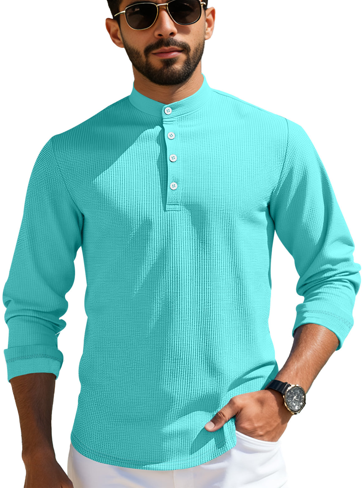 Men's structured long-sleeve henley with Nehru collar and tone-on-tone button placket Mune Fashion