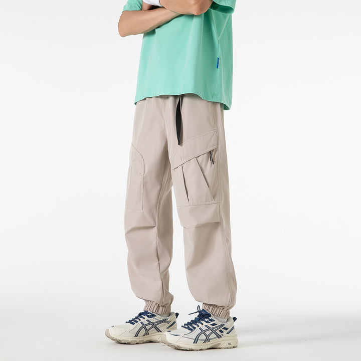 Men's Loose Technical Cargo Jogger Pants with Elastic Drawstring Waistband and Multiple Pockets Drune