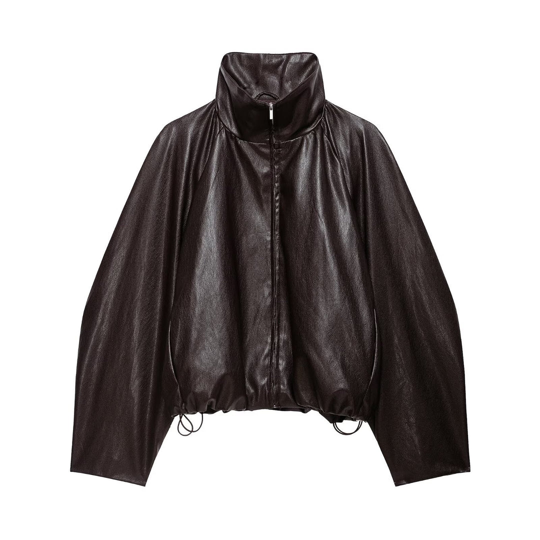 Women's Oversize Jacket in Leather Look with High Funnel Collar, Raglan Sleeves and Drawstring Hem Mune Fashion