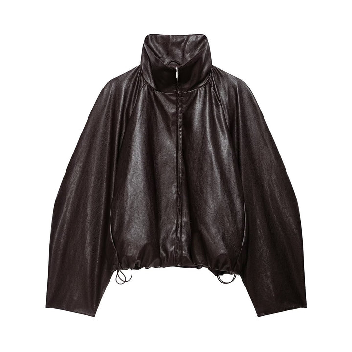 Women's Oversize Jacket in Leather Look with High Funnel Collar, Raglan Sleeves and Drawstring Hem Mune Fashion