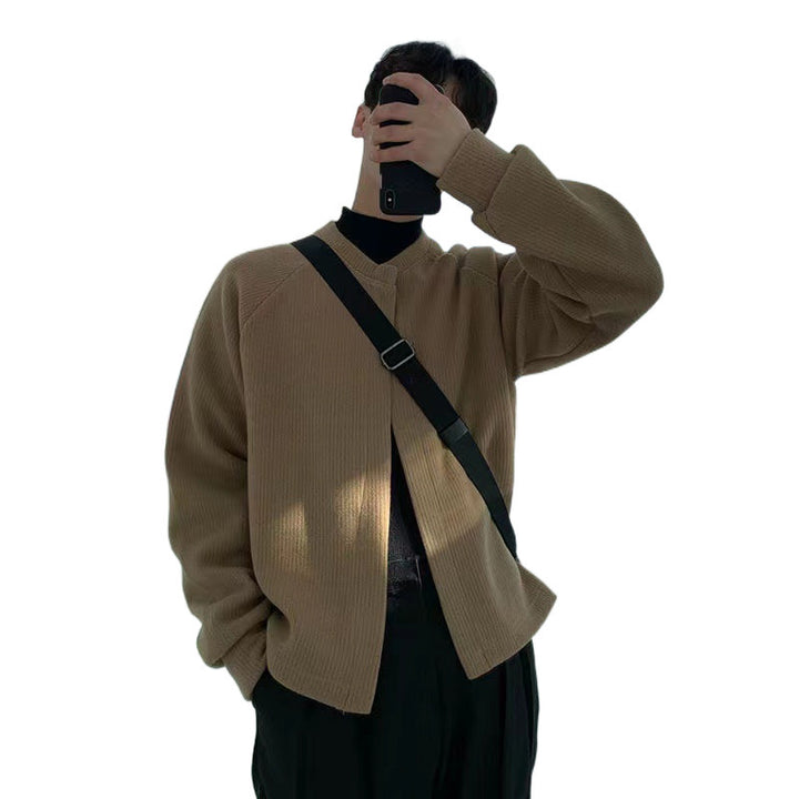 Men's Collarless Boxy Ribbed Knit Cardigan with Concealed Snap Placket Mune Fashion