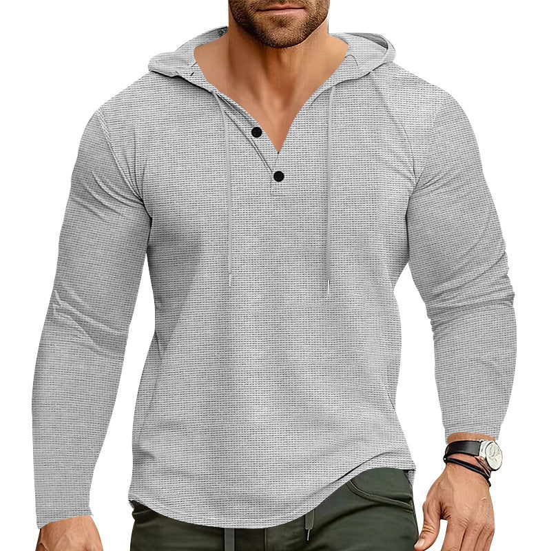 Men's body-hugging waffle texture Henley hoodie with half button placket and drawstring Mune Fashion