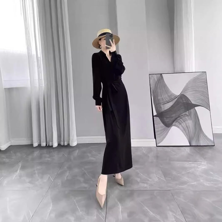 Women's Long Sleeve Wrap Maxi Dress with Waist Belt and V-Neck Mune Fashion