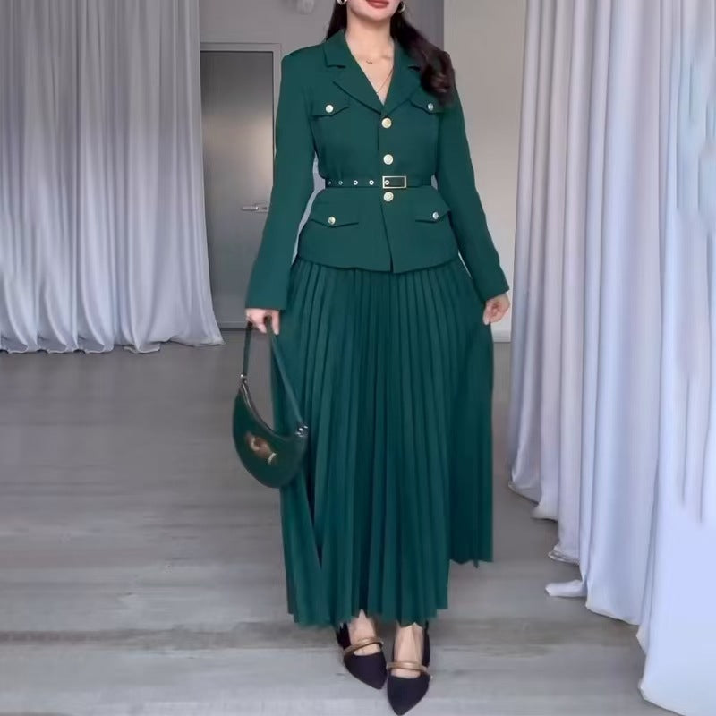 Women's Tailored Blazer with Belt and Pleated Maxi Skirt Set Mune Fashion